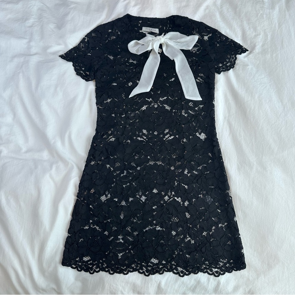 Sandro Black Lace Mini Dress with White Bow Size Small NWT
